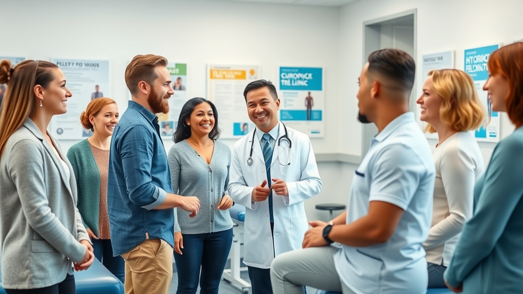 chiropractor benefits vibrant clinic welcoming patients, diverse group in consultation, modern, natural daylight