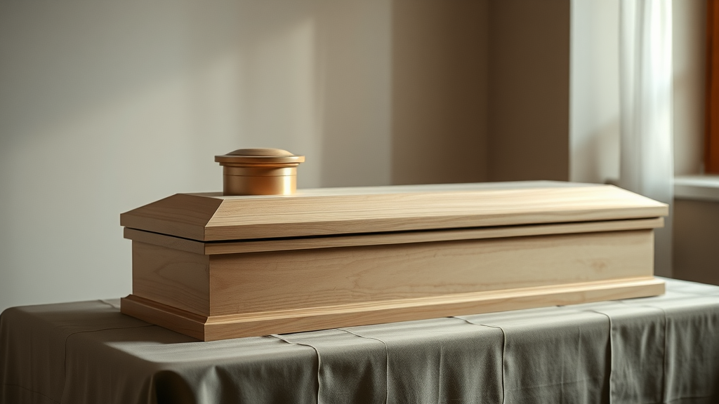 modest cremation urn and plain wooden coffin, direct cremation, affordable funeral alternative