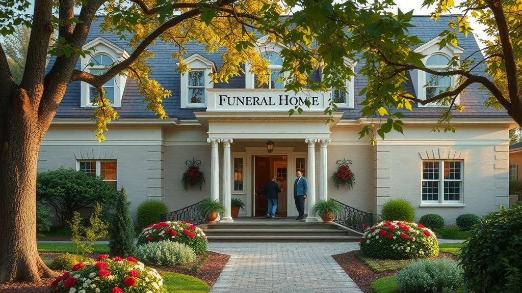 Serene exterior of a traditional funeral home, welcoming and elegant with people entering - what is the difference between a funeral home and a mortuary?