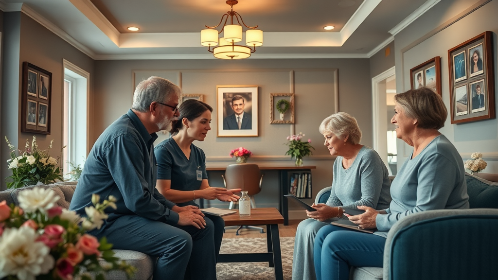 Tasteful interior of a modern funeral home, staff assisting a grieving family - funeral home services