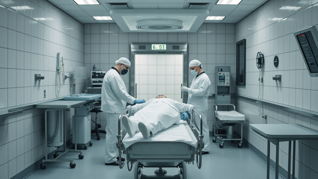 Clinical mortuary facility interior, staff preparing in full respect - what is the difference between a funeral home and a mortuary