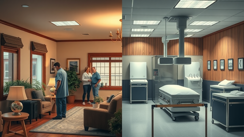 Split scene: warm funeral home lobby vs. modern mortuary preparation room, staff attending to families or duties - funeral home vs mortuary