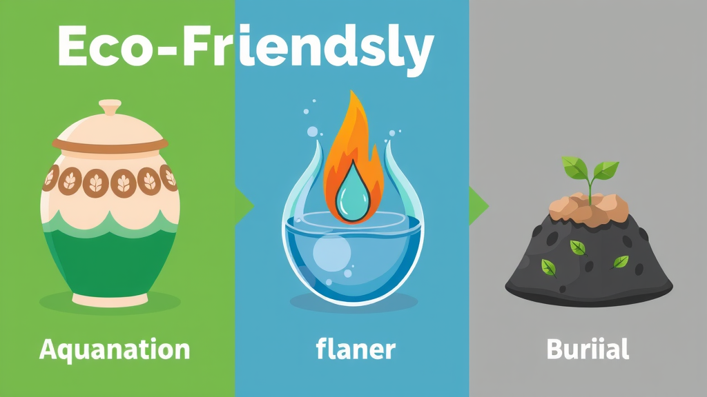 Environmental impact comparison: aquamation, flame cremation, and burial with icons of urns, water, green leaves, and contrasting backgrounds