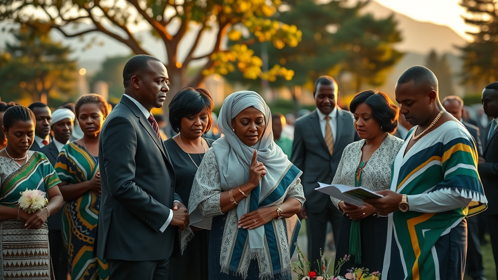 Dignified South African memorial service, mourners in traditional and modern attire, Table Mountain backdrop, eco-friendly funeral theme