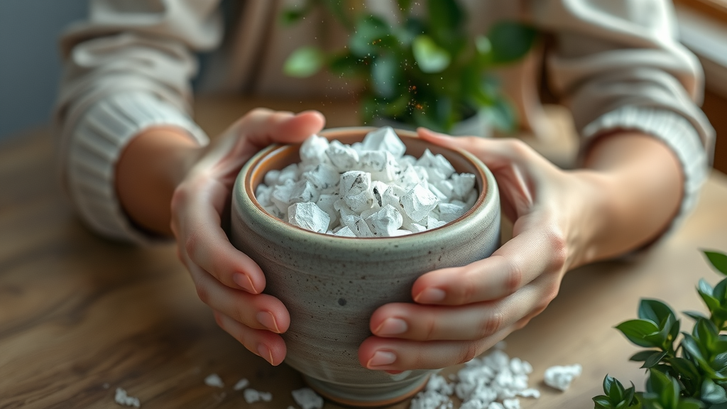 Ashes in ceramic urn after aquamation, gentle hands holding vessel, calming green plants background